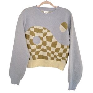 LE LIS women’s Sweater. Blue with a‎ cream and green geometric design size xs